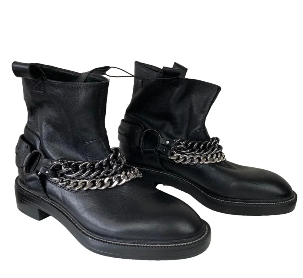 ZARA Womens Black Leather Ankle Combat Boots With Chains Size 36 6 NWT